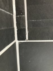 Chipped corner and adhesive through grout.JPG