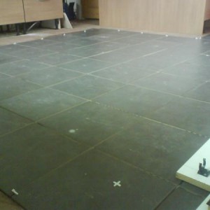 kitchen floor in B&Q specials. onto 9mm ply with bal fastflex.  slight calibration trouble (but coping)