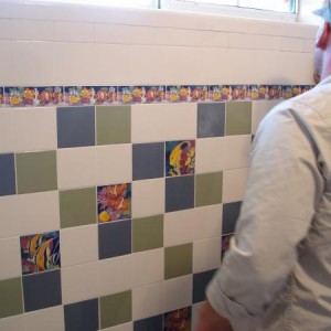 Jack 'n Jill style bathroom, with aquatic ceramic tile/colors, border, soap dish(s), etc. Lake Fork Ranches, TEXAS