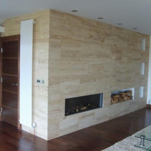 fireplace in linear cut travertine with finished edge