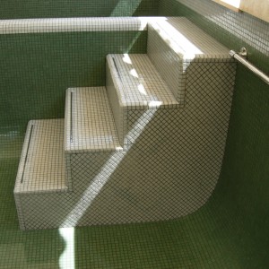 light grey pool steps with stainless steel inlay