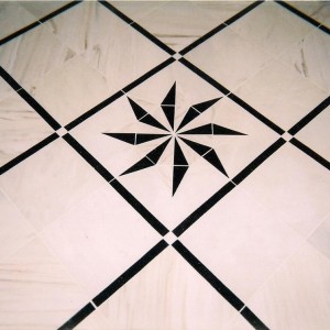 HAND MADE DECOR MOTTIF - 4 TILE 600X600MM PANELS OF CREMA MARBLE WITH STAR GALAXY GRANITE INLAY BORDERS