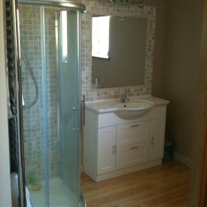 Main en suite: Silver marble mosaic 5x5 with a border accent of scabos 1.5x1.5 mosaic