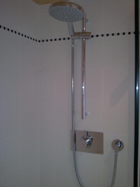 shower with single row high level natural stone border