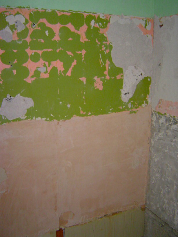south east corner showing from bottom : bare plasterboard (beneath bath head), skimmed plasterboard, darkgreen/pink then light green painted lime plastered metal lath on stud wall
